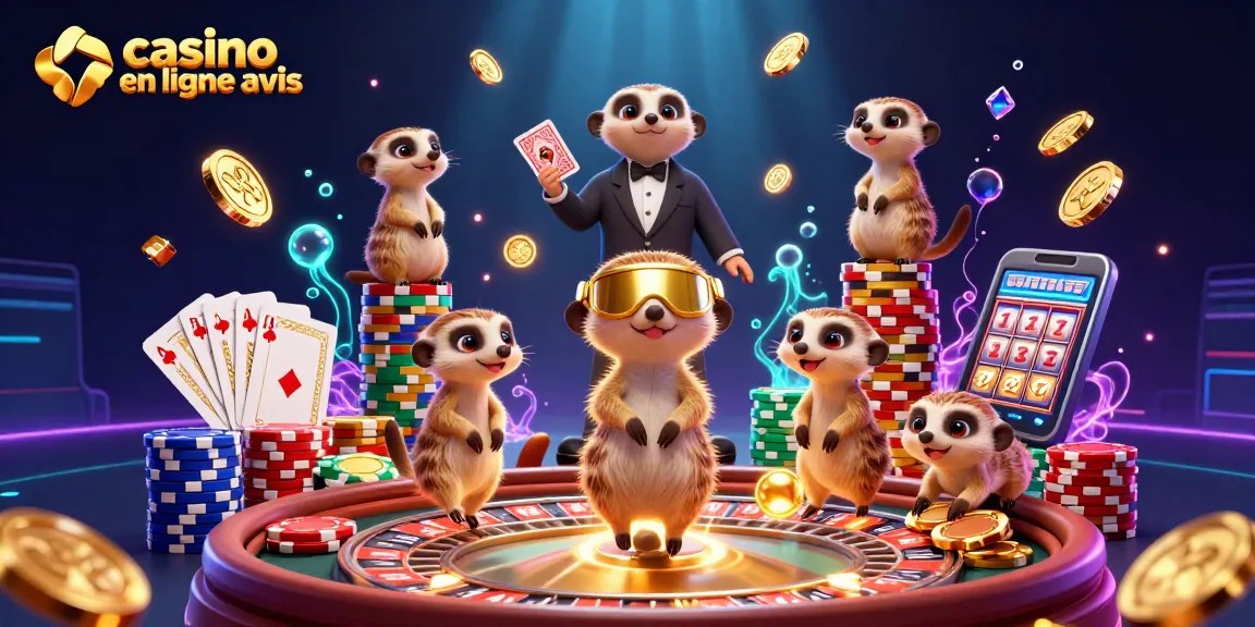Casino en ligne avis : une colonie de suricates gère un casino animé avec des jeux de cartes et des jetons.