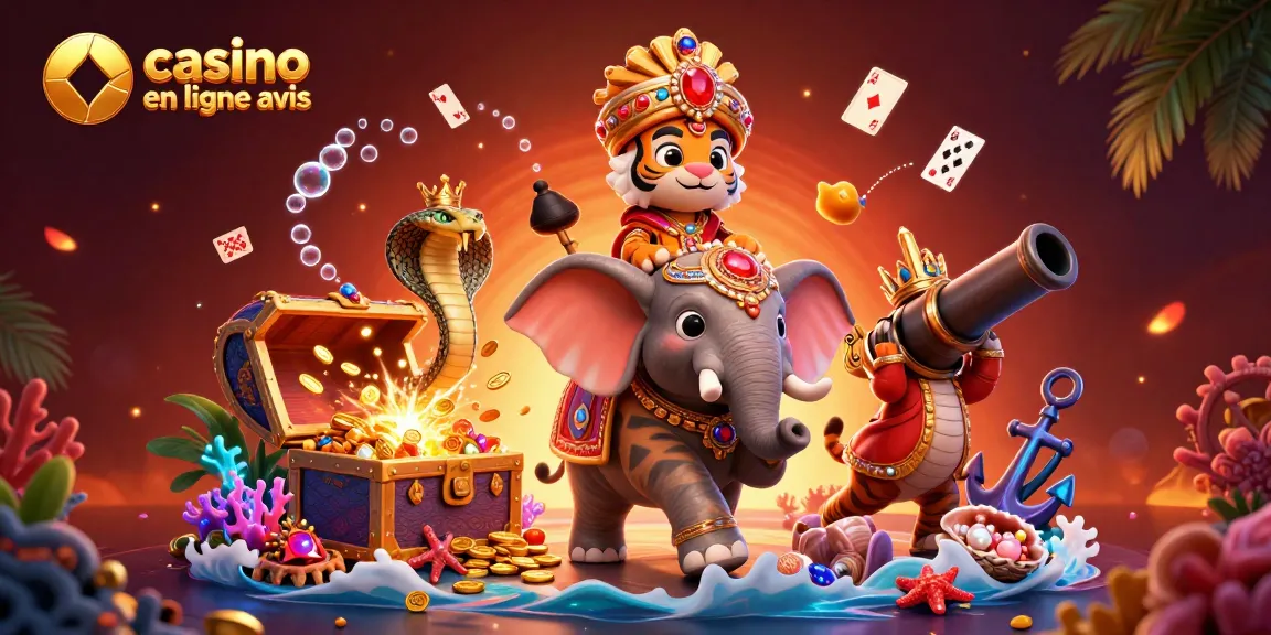 Visualisez l'avis sur les casinos en ligne avec un tigre maharaja et un éléphant dans une scène dynamique remplie de trésors.